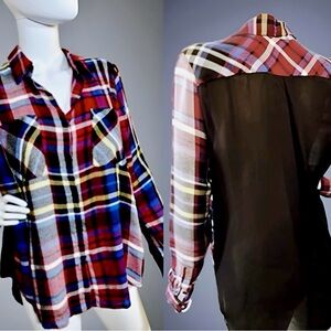 L'AGENCE Intermix Exclusive Red Plaid Flannel Shirt Contrast Black Silk Back S